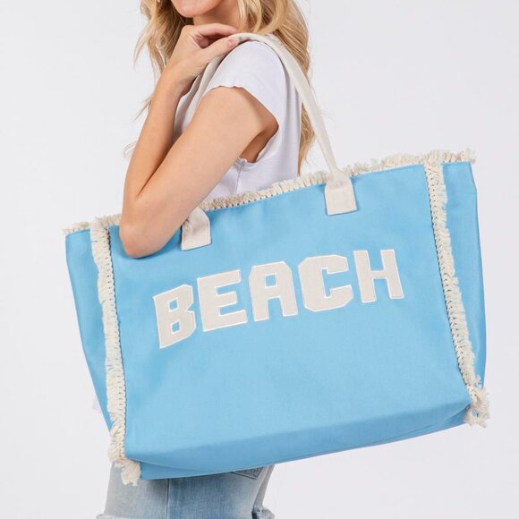 Blue Embroidered BEACH Letter Fringe Tote Bag 🏖️🏖️ 🏖️ 🏖️ 🏖️ - Picture 1 of 4